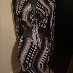 Fashion Nova Black and Cream Striped Skirt Set